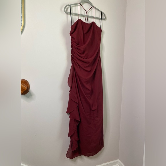 Women’s Ruffle Sleeveless Night Scene 90s Burgundy Prom Dress with shawl - Picture 2 of 9